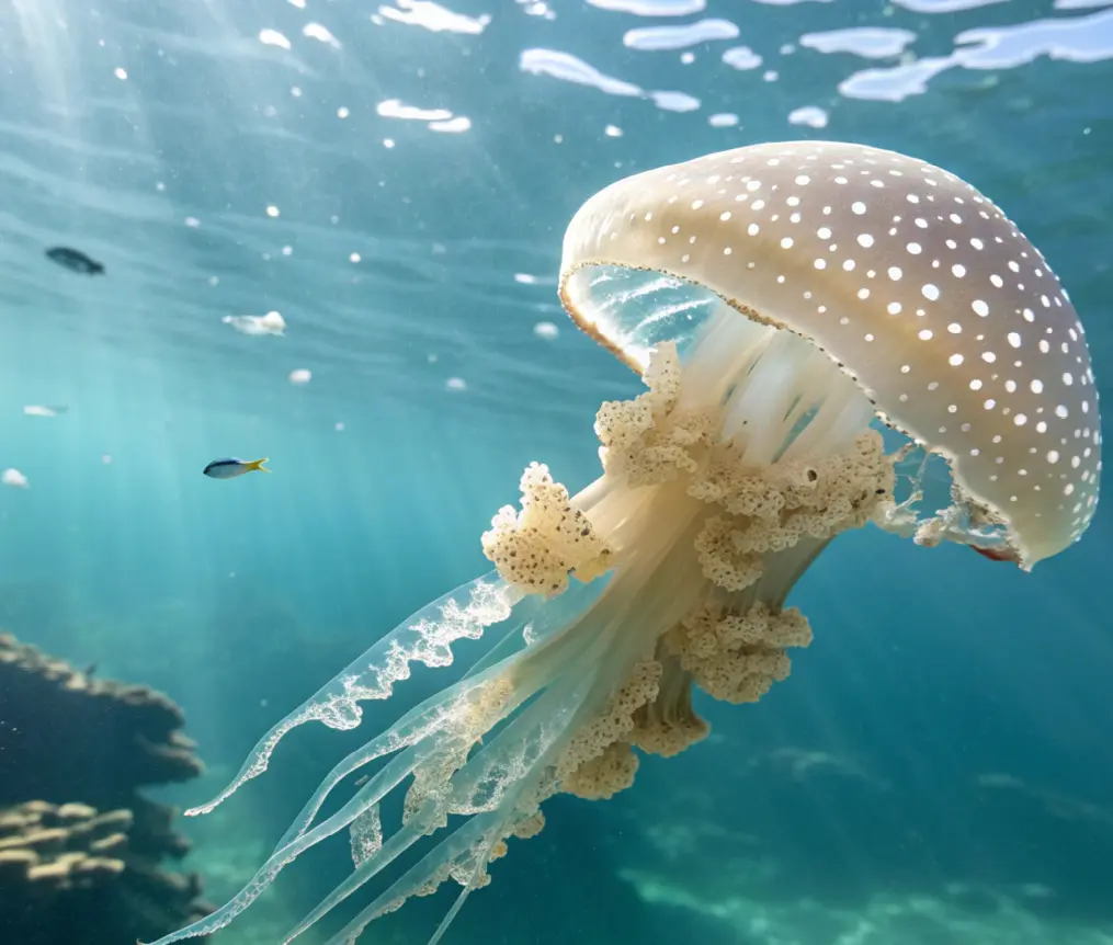 Eine Gepunktete Wurzelmundqualle, knapp unter der Wasseroberfläche im blauen Wasser