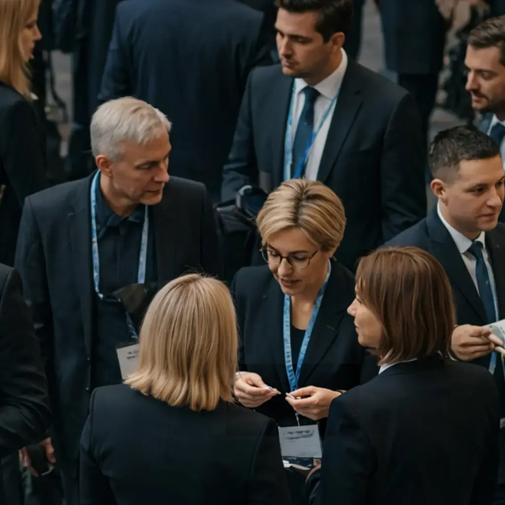 Firmenevent, Leute unterhalten sich in Gruppen und es herrscht eine gute Stimmung