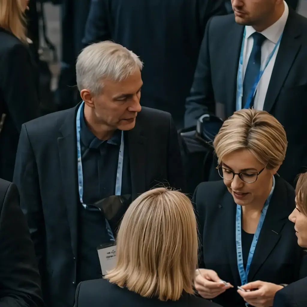 Firmenevent, Leute unterhalten sich in Gruppen und es herrscht eine gute Stimmung