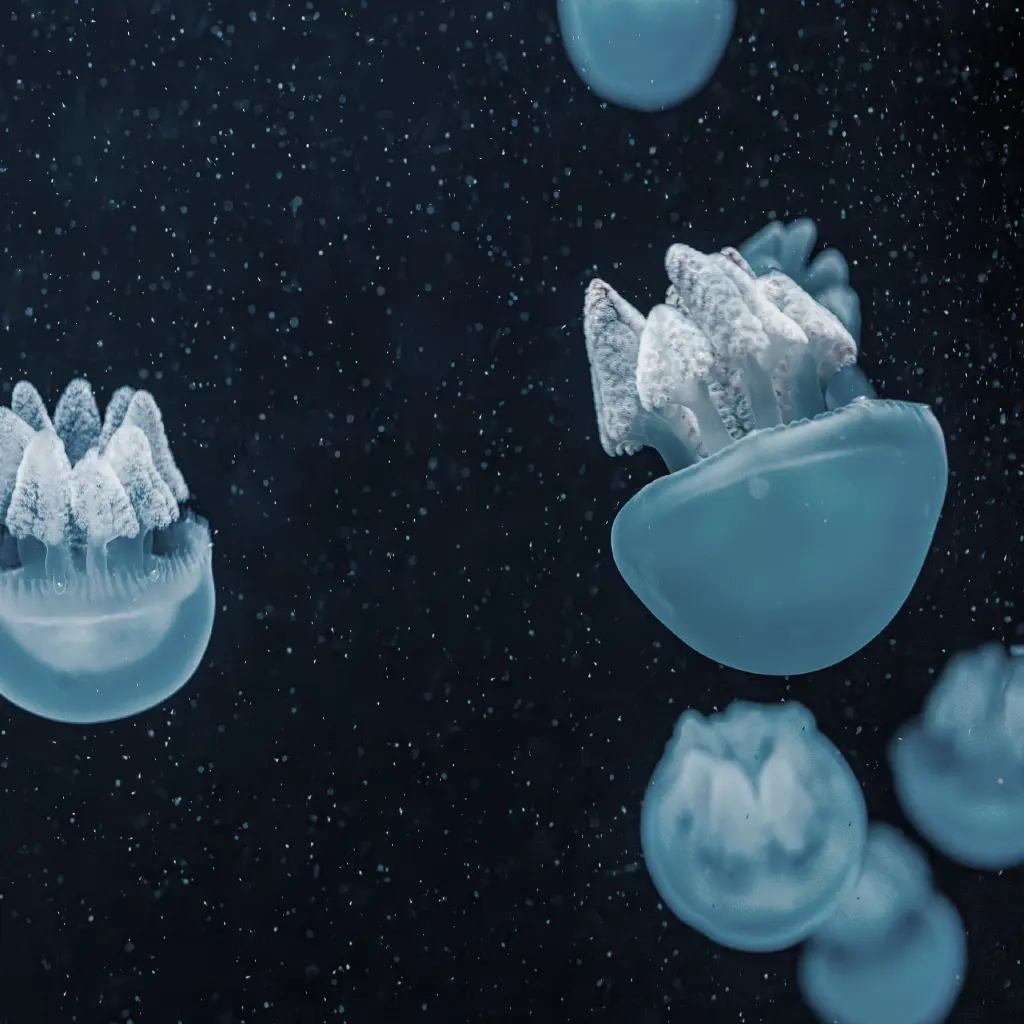 Vereinzelte Quallen, die zusammen in dunklem Wasser treiben