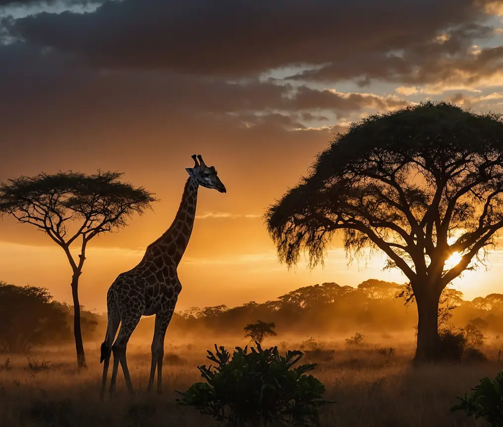 Sonnenuntergang in Afrika, die Silhouetten einer Giraffe und von verschiedenen Bäumen und Pflanzen sind zu erkennen